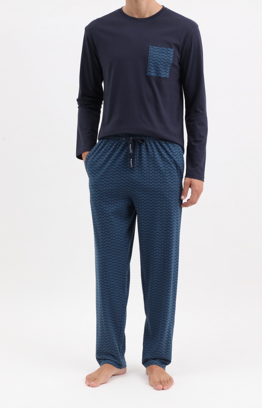 Pyjama homme long col rond - 100% coton - BICOEUR - Taille S, Couleur Marine