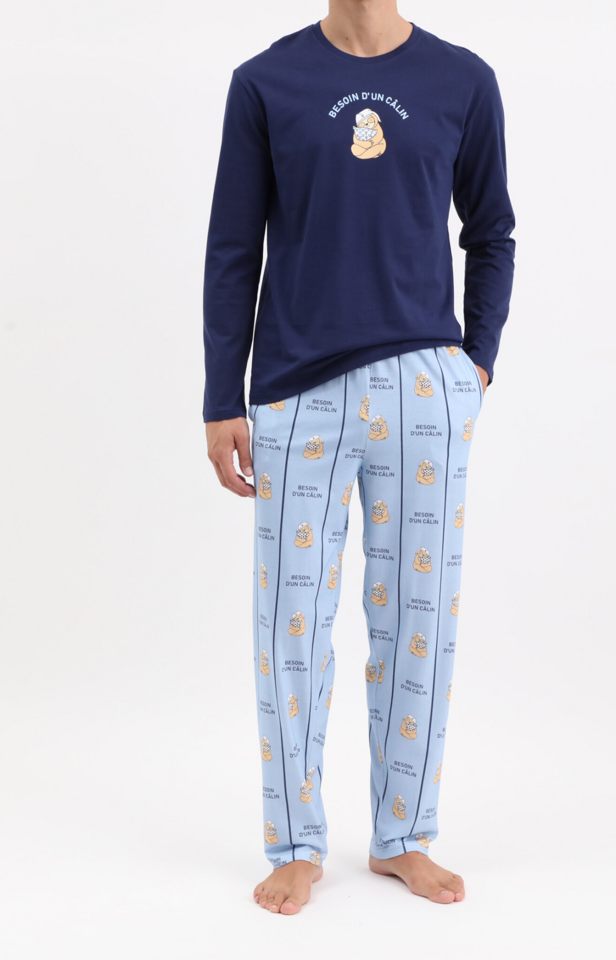Pyjama homme long col rond - 100% coton - CALIN - Taille S, Couleur Ciel
