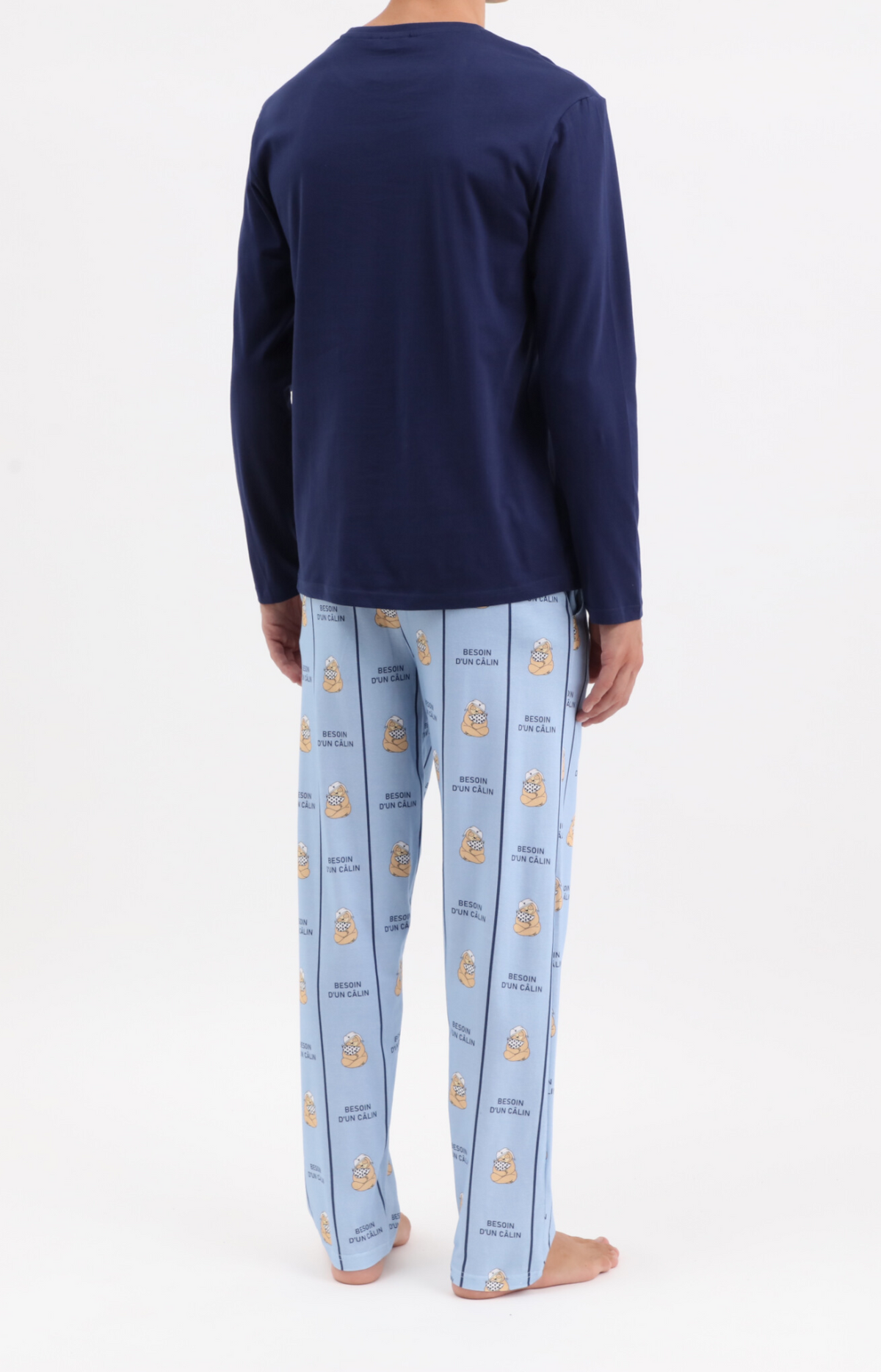 Pyjama homme long col rond - 100% coton - CALIN - Taille M, Couleur Ciel