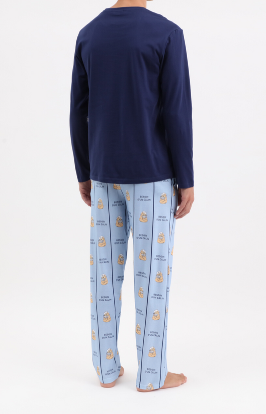 Pyjama homme long col rond - 100% coton - CALIN - Taille M, Couleur Ciel