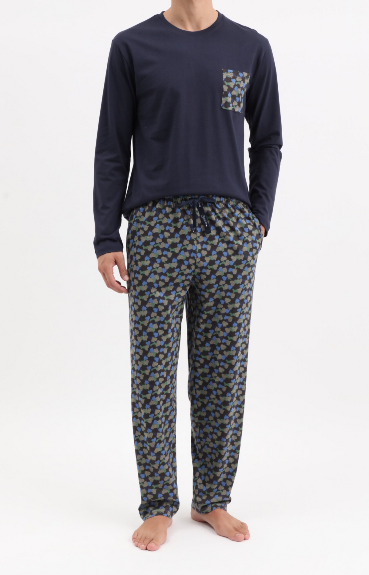 Pyjama homme long col rond - 100% coton - CAMOUFLAGE - Taille S, Couleur Noir