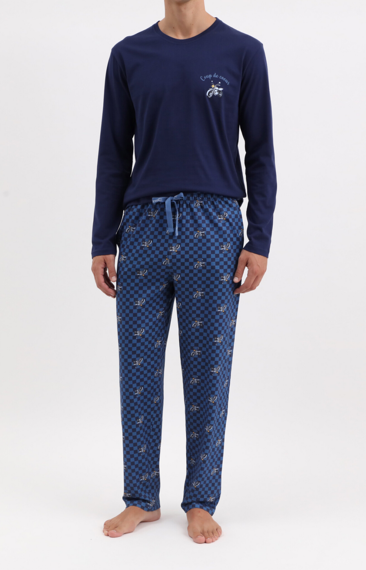 Pyjama homme long col rond - 100% coton - MOTO - Taille S, Couleur Bleu