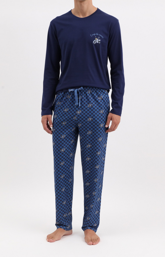 Pyjama homme long col rond - 100% coton - MOTO - Taille S, Couleur Bleu