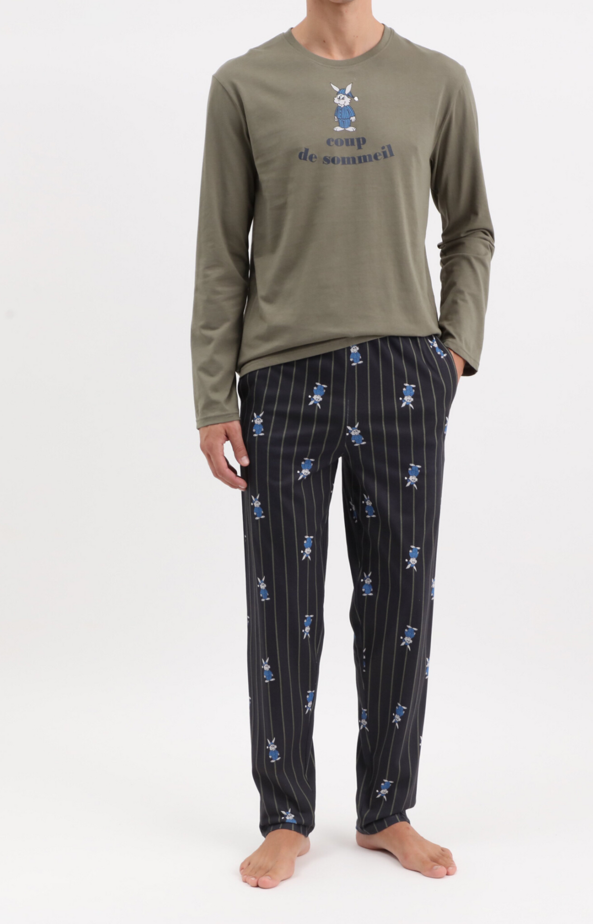 Pyjama homme long col rond - 100% coton - NIGHT - Taille S, Couleur Marine