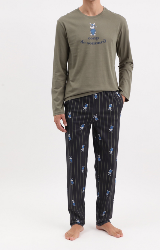 Pyjama homme long col rond - 100% coton - NIGHT - Taille S, Couleur Marine