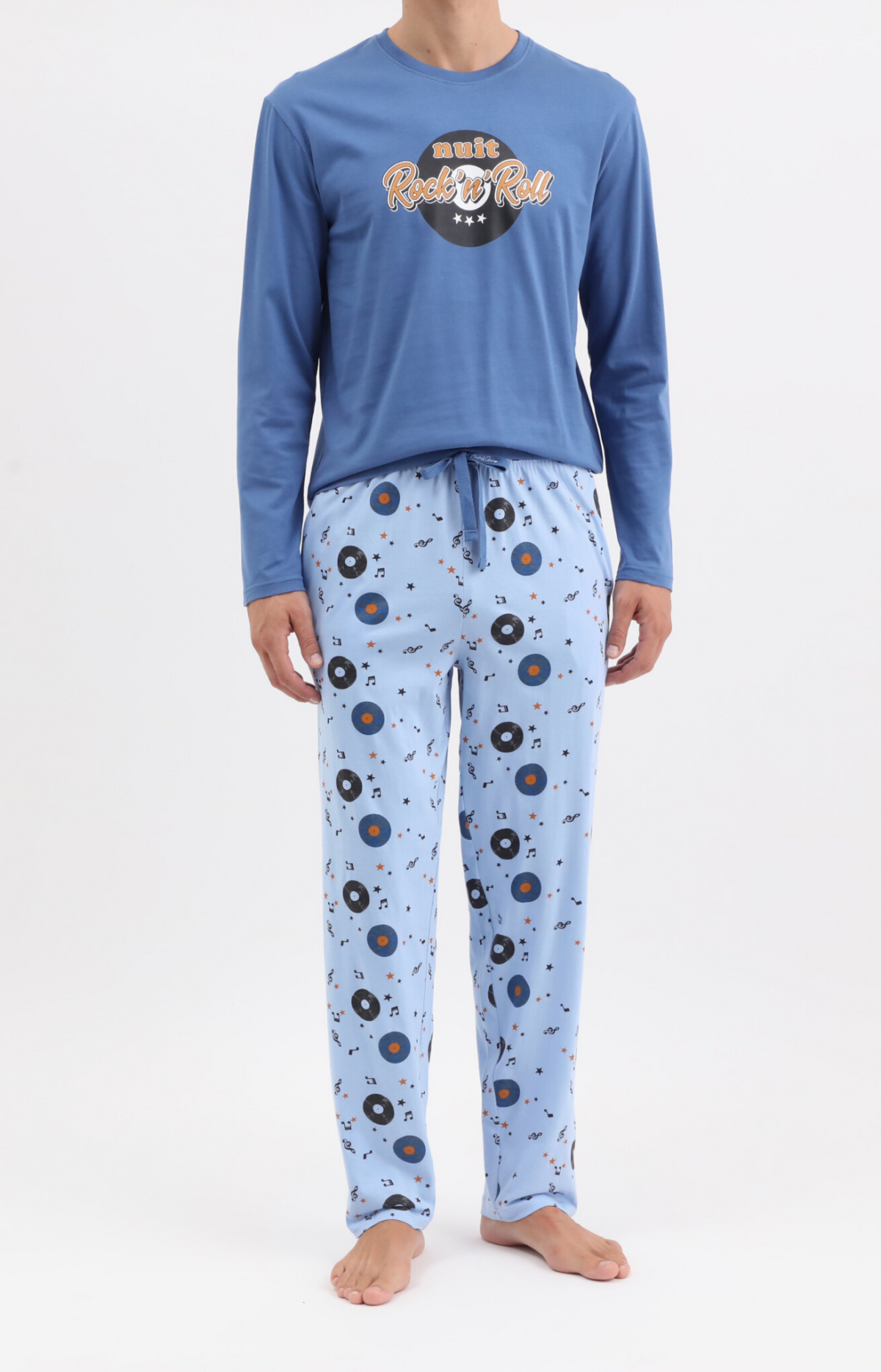 Pyjama homme long col rond - 100% coton - ROCK - Taille S, Couleur Ciel