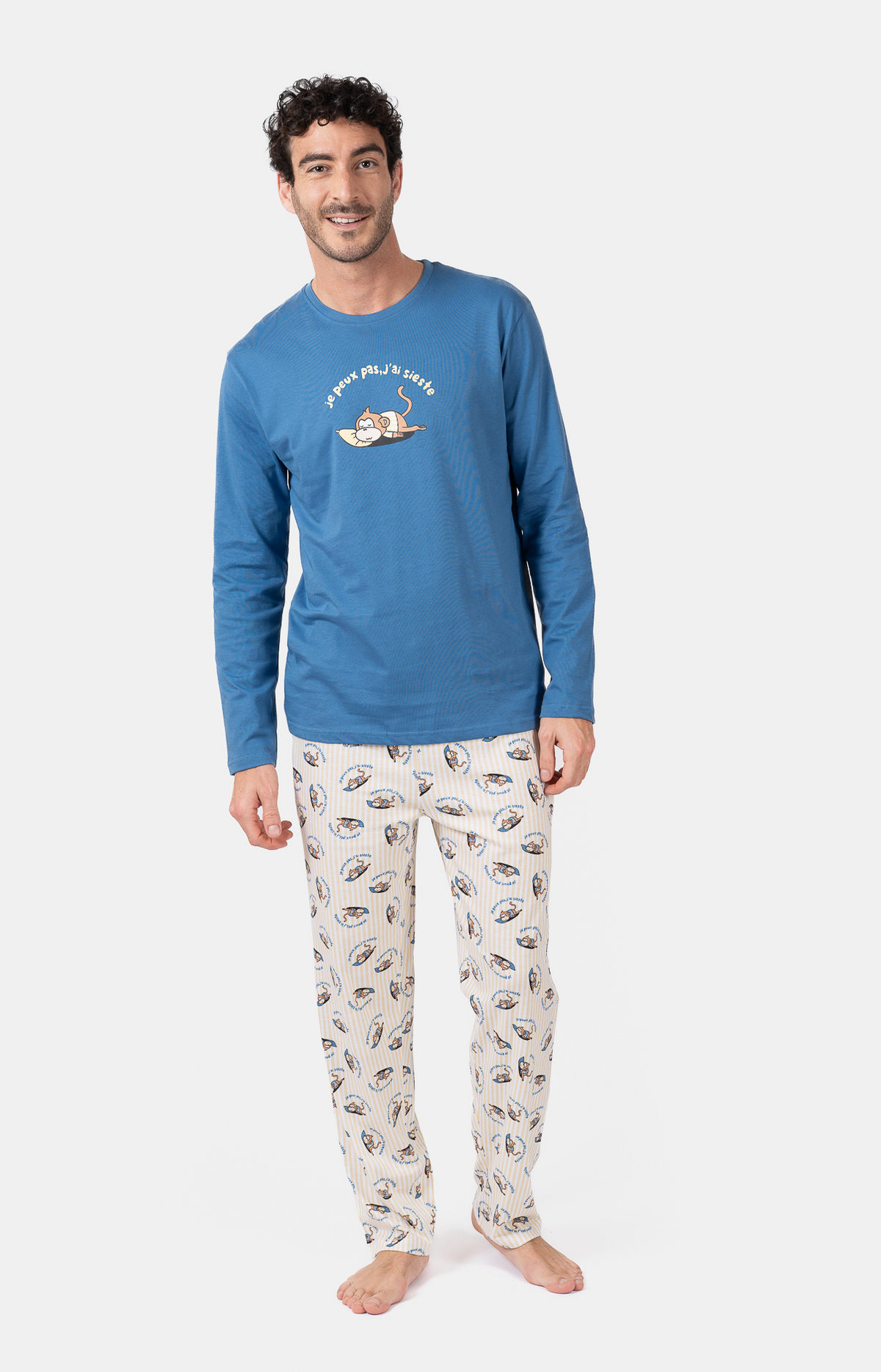 Pyjama homme long col rond - 100% coton - SIESTE - Taille S, Couleur Jaune