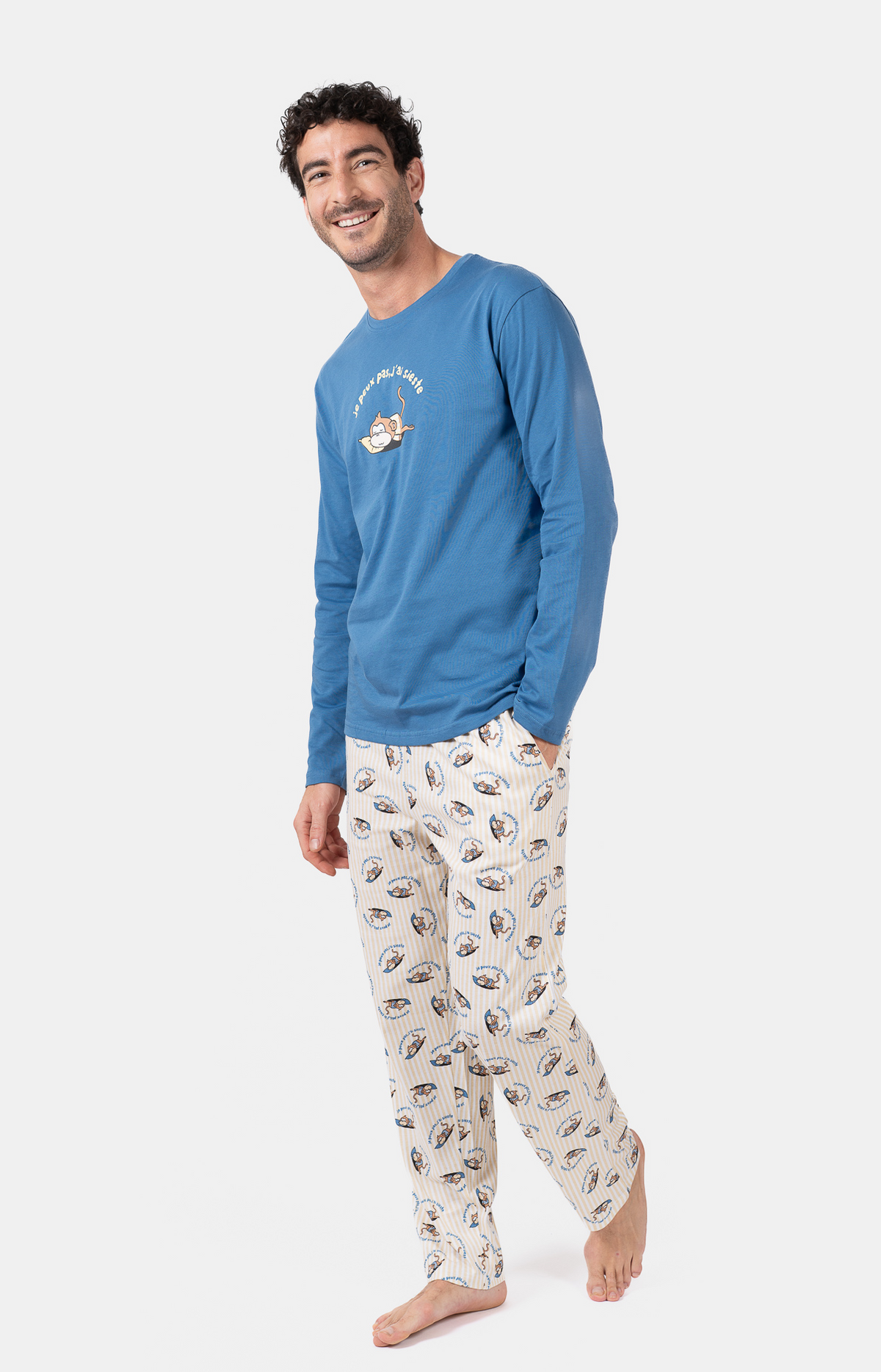 Pyjama homme long col rond - 100% coton - SIESTE - Taille L, Couleur Jaune