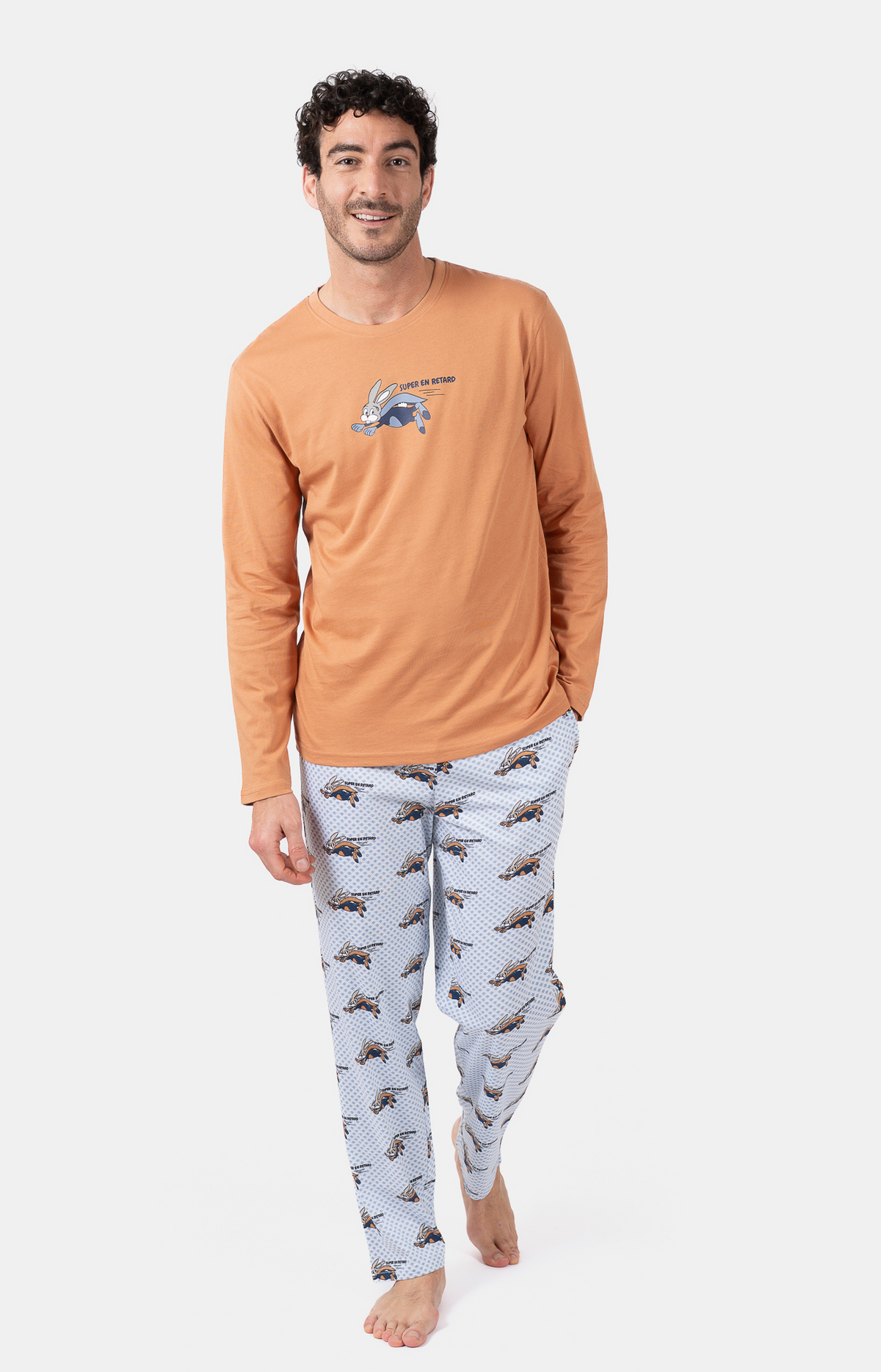 Pyjama homme long col rond - 100% coton - SUPER - Taille S, Couleur Bleu