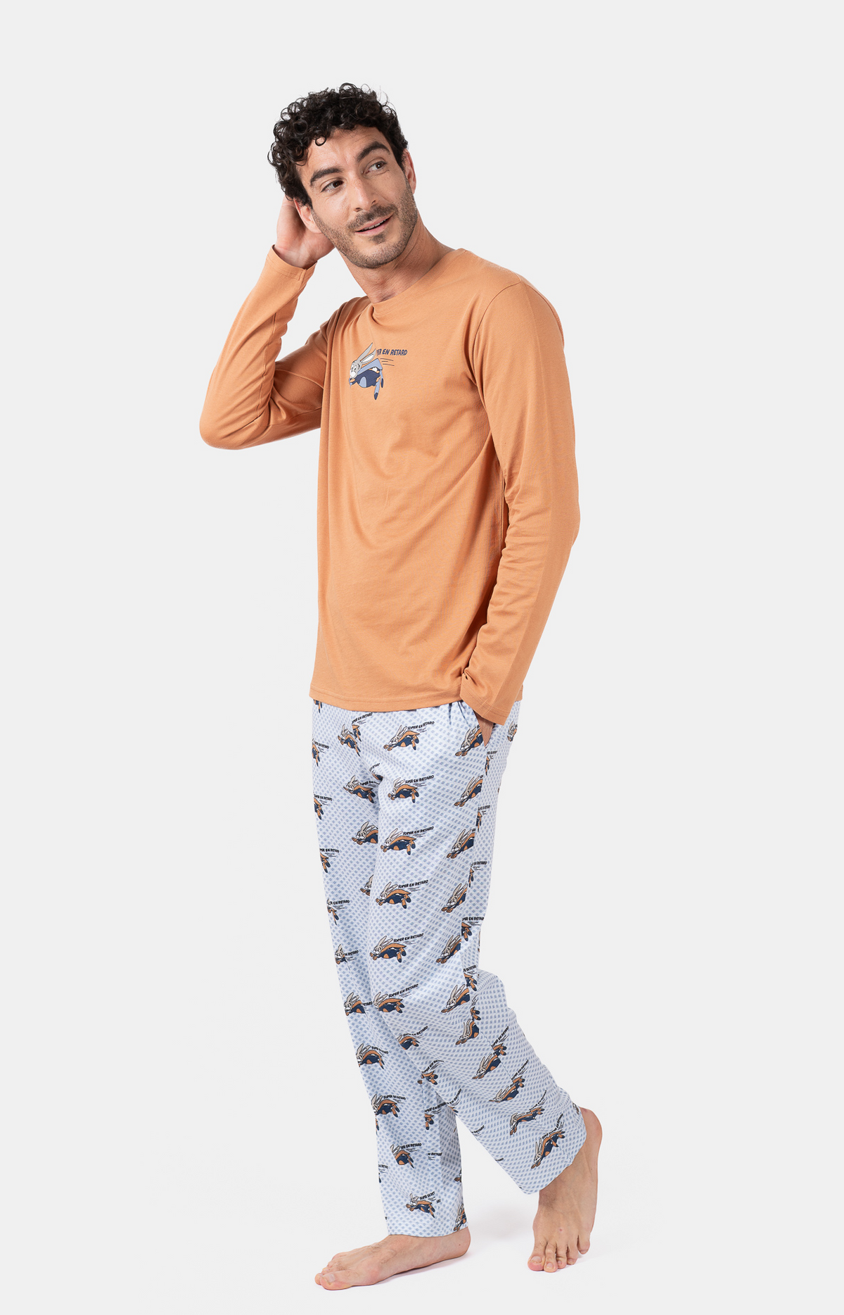 Pyjama homme long col rond - 100% coton - SUPER - Taille L, Couleur Bleu