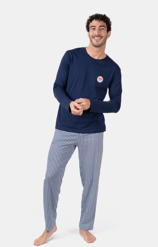 Pyjama homme long col rond - 100% coton - VICHY