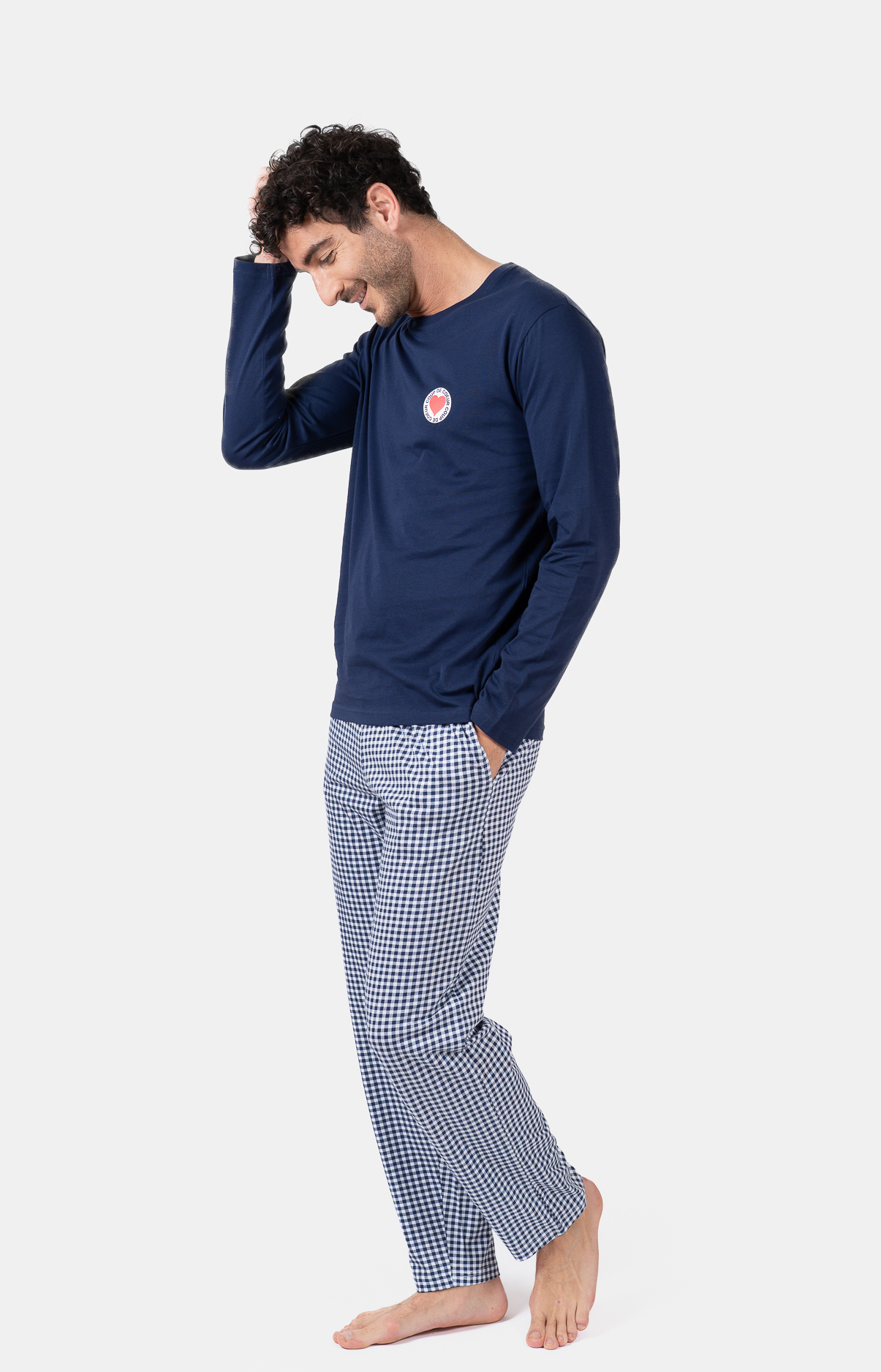 Pyjama homme long col rond - 100% coton - VICHY