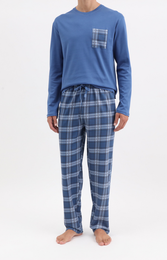 Pyjama homme long chaud col rond - 100% coton - LOVE - Taille S, Couleur Bleu