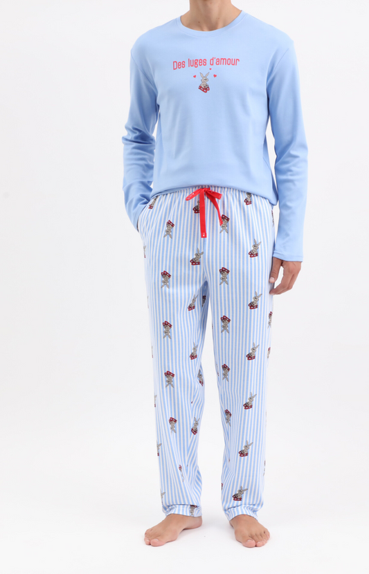 Pyjama homme long chaud col rond - 100% coton - LUGE - Taille S, Couleur Ciel