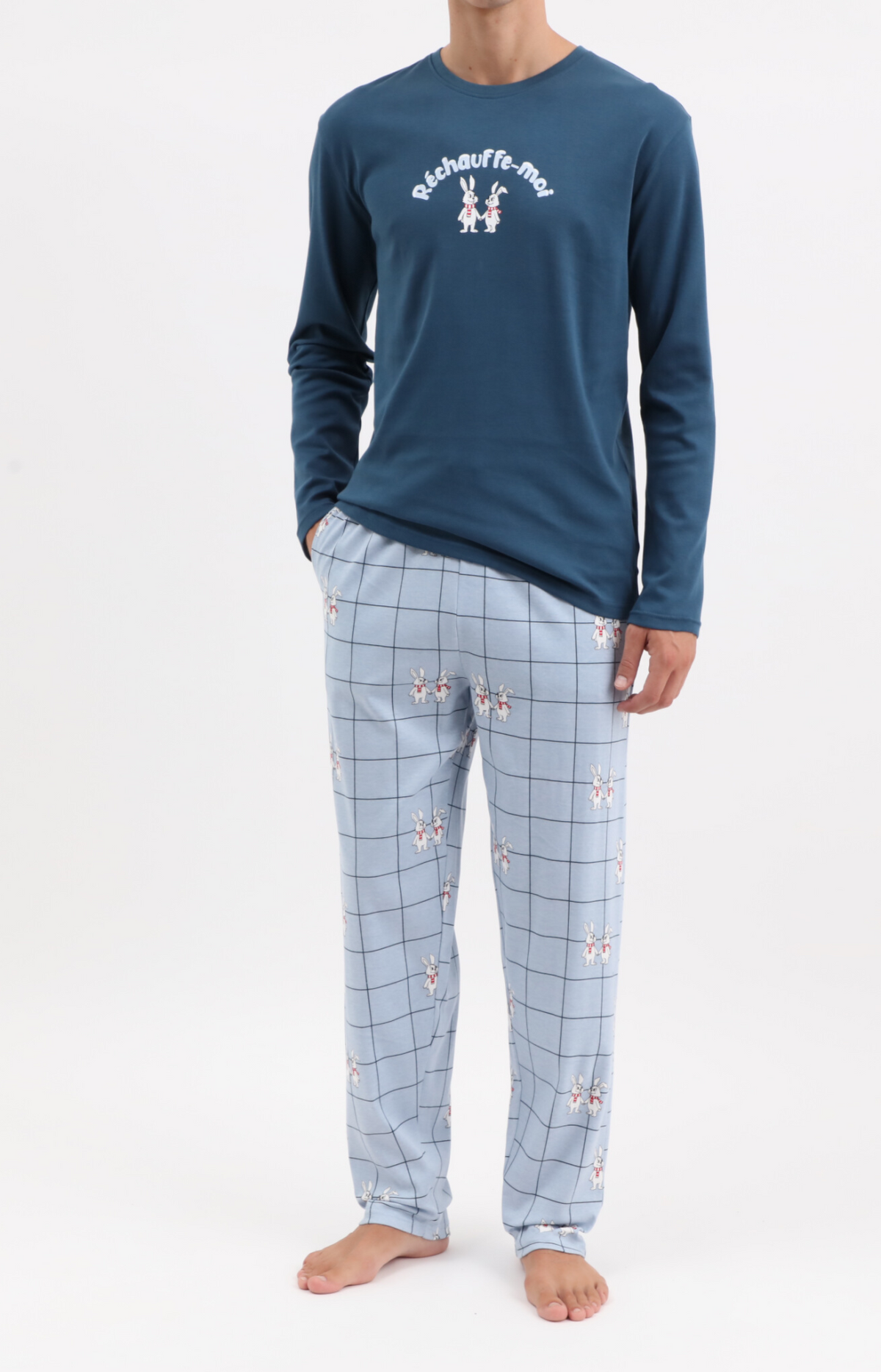 Pyjama homme long chaud col rond - 100% coton - TOGETHER - Taille S, Couleur Bleu