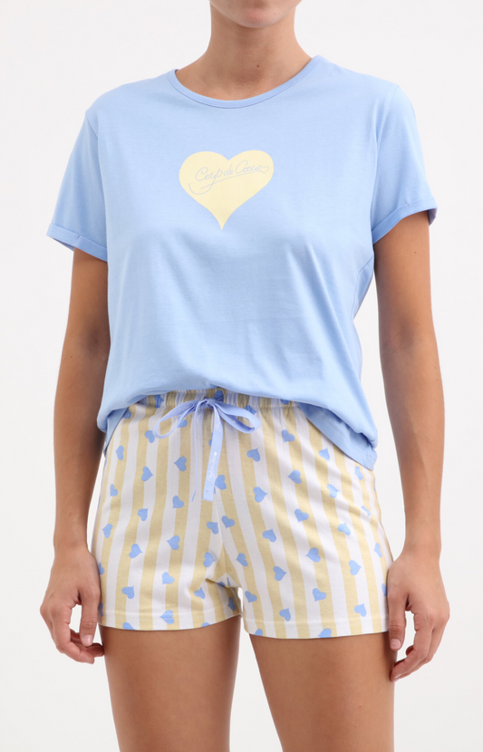 Pyjacourt femme col rond -100% coton - COREY - Taille 36, Couleur Jaune