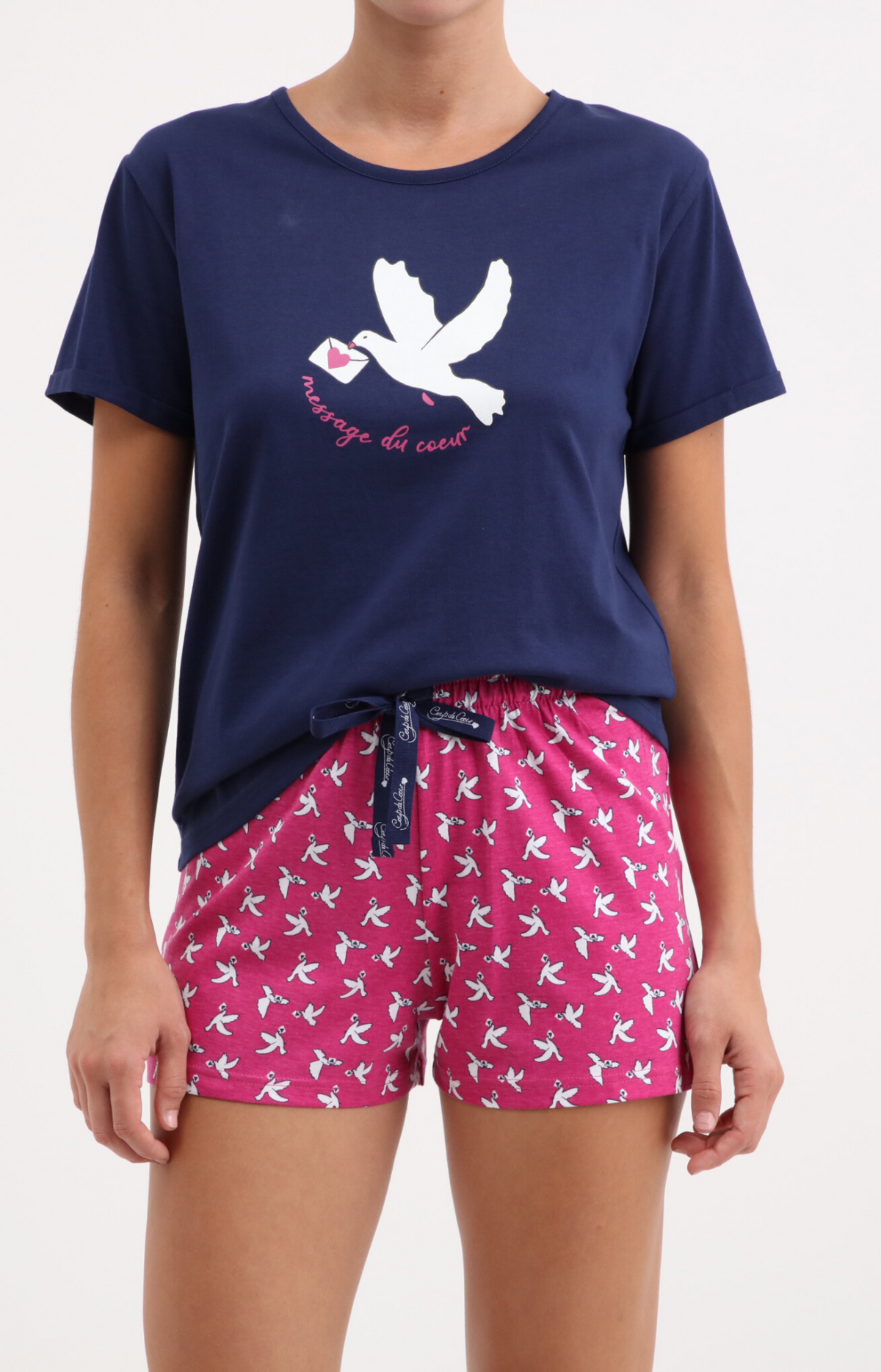 Pyjacourt femme col rond -100% coton - DOVE - Taille 36, Couleur Fushia