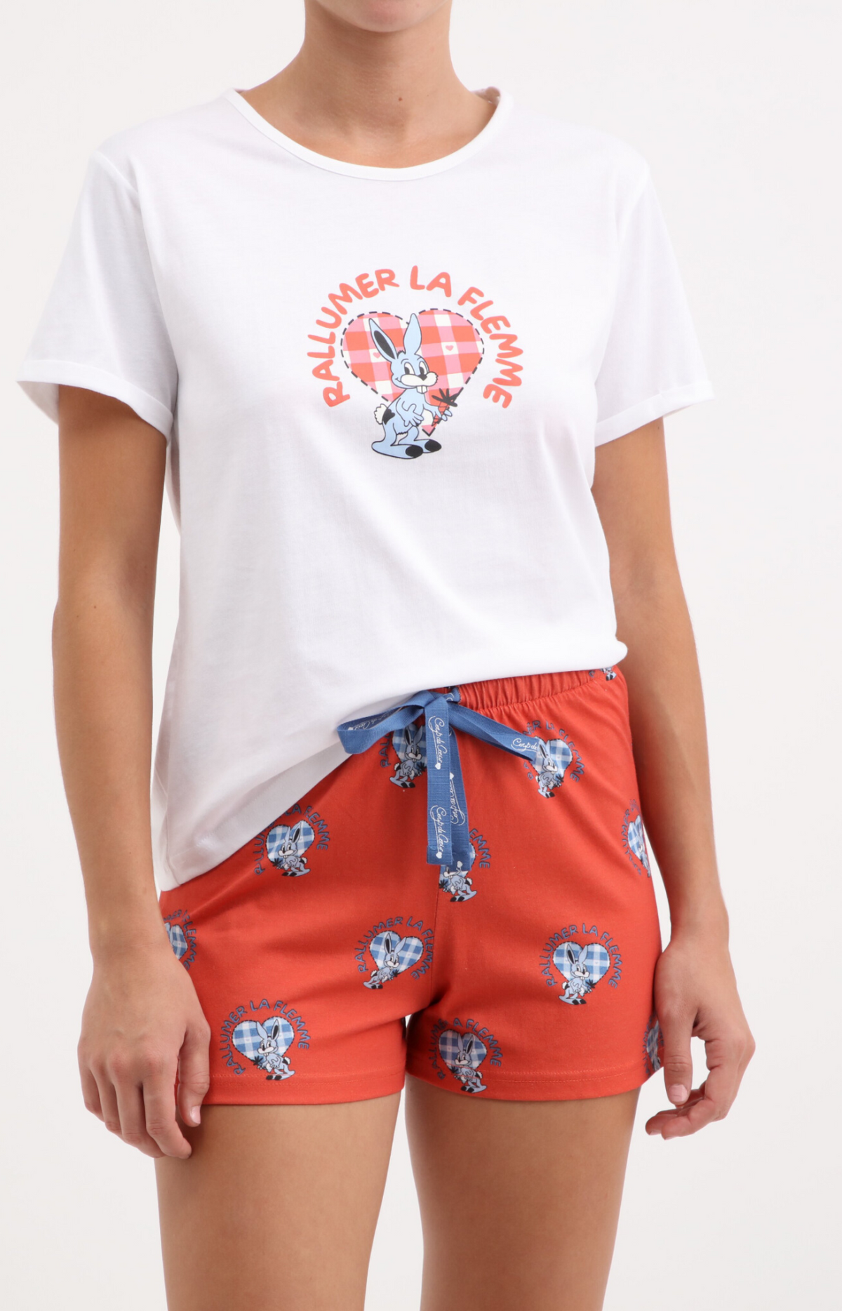 Pyjacourt femme col rond -100% coton - FLEMME - Taille 36, Couleur Blanc