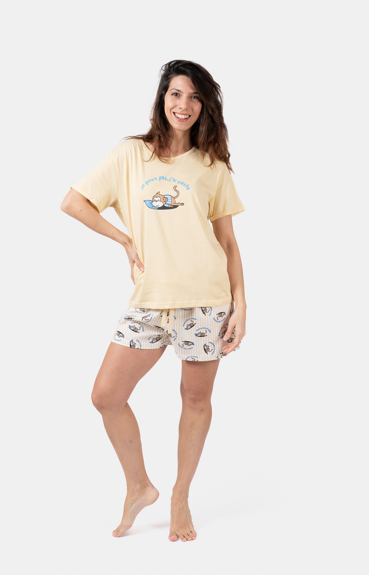 Pyjacourt femme col rond -100% coton - SIESTE - Taille 36, Couleur Jaune