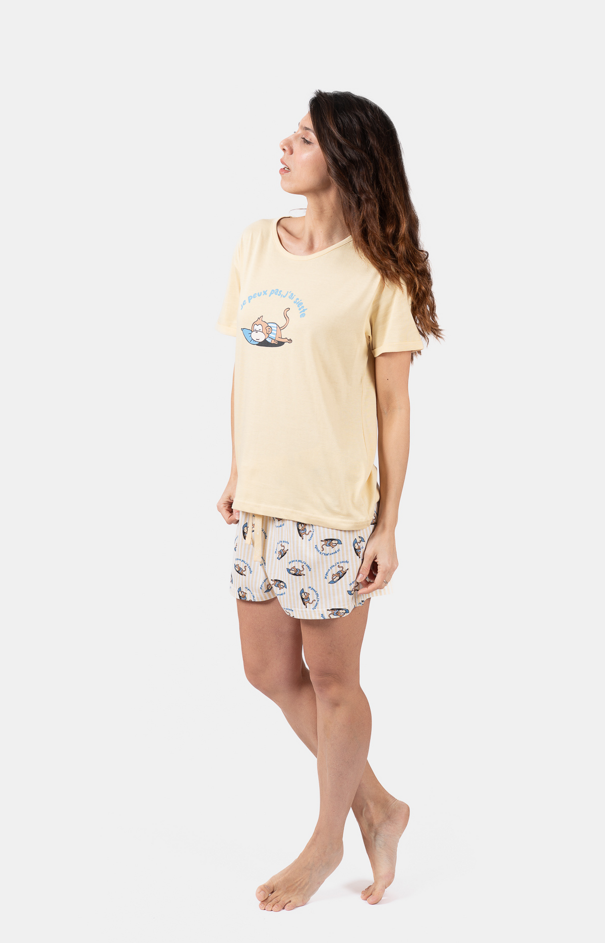 Pyjacourt femme col rond -100% coton - SIESTE - Taille 42, Couleur Jaune