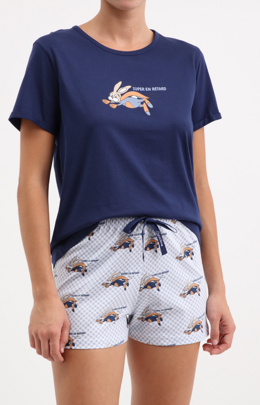 Pyjacourt femme col rond -100% coton - SUPER - Taille 36, Couleur Marine