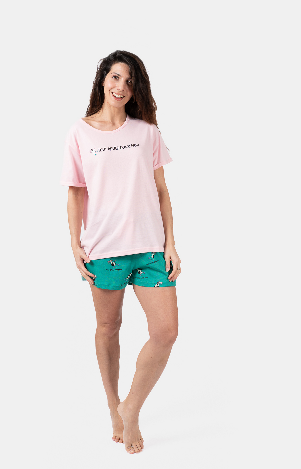 Pyjacourt femme col rond -100% coton - VACHE - Taille 36, Couleur Vert