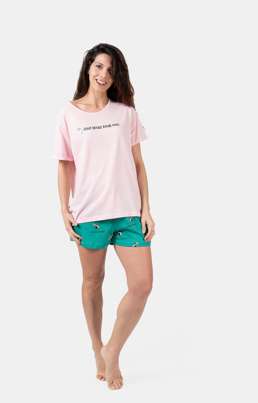 Pyjacourt femme col rond -100% coton - VACHE - Taille 36, Couleur Vert