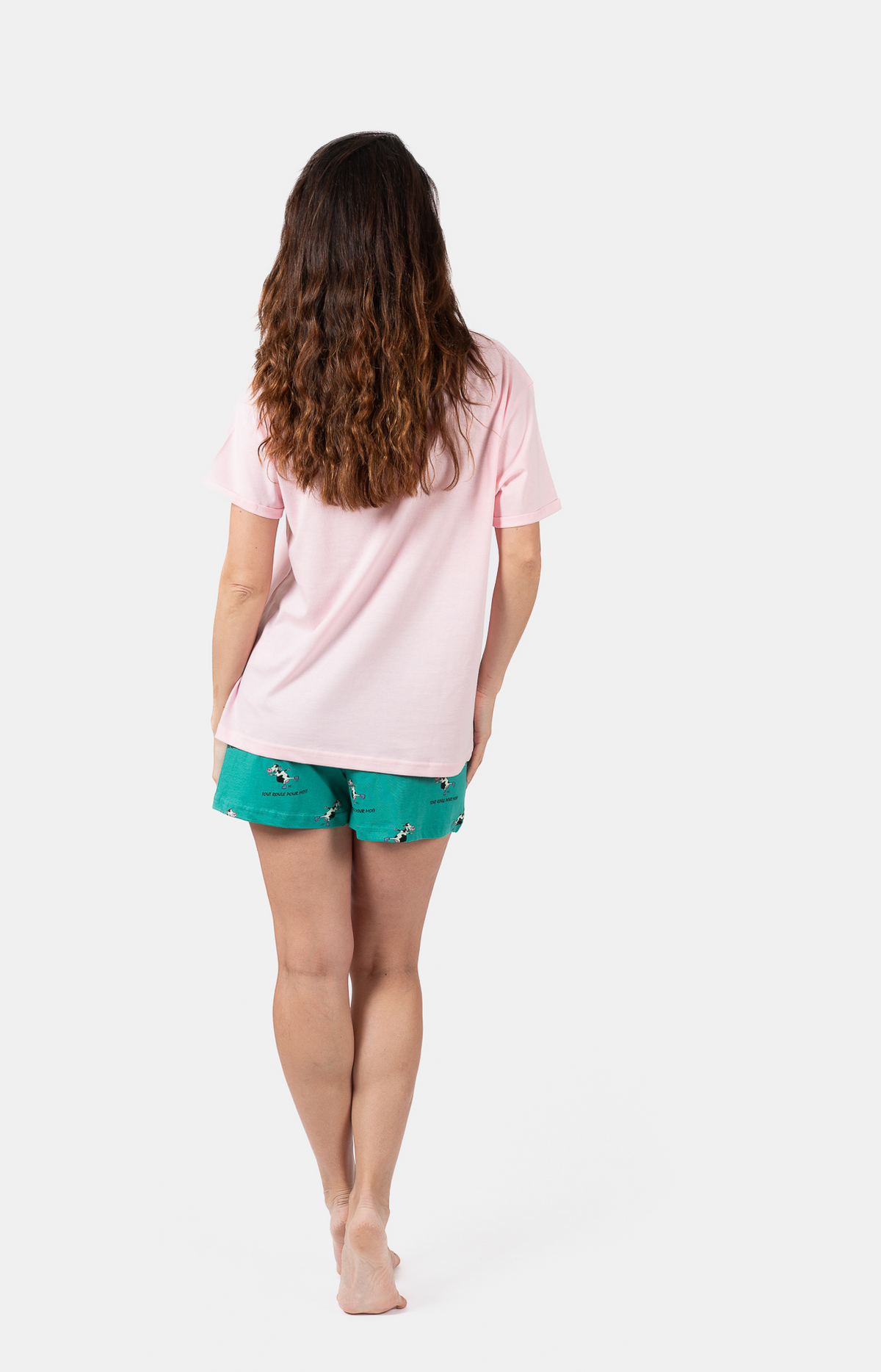 Pyjacourt femme col rond -100% coton - VACHE - Taille 38, Couleur Vert