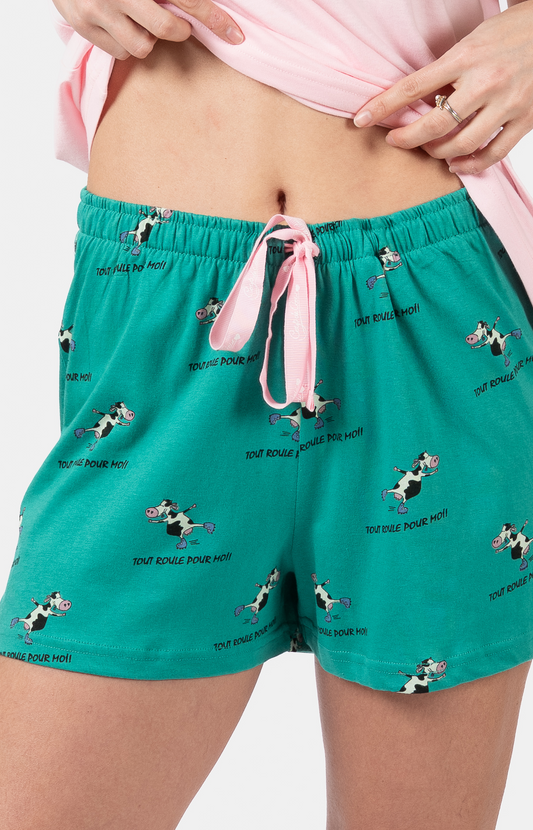 Pyjacourt femme col rond -100% coton - VACHE - Taille 40, Couleur Vert