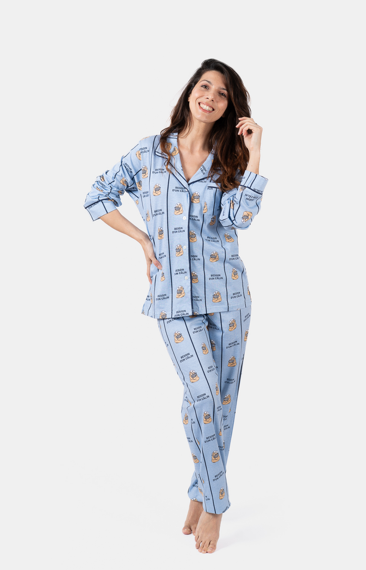 Pyjama Femme long veste boutonnée 100% coton- CALIN - Taille 36, Couleur Ciel