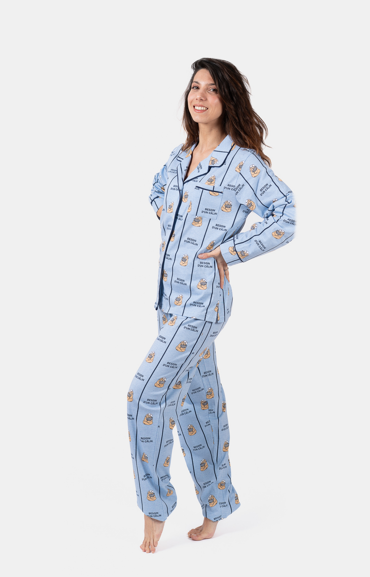 Pyjama Femme long veste boutonnée 100% coton- CALIN - Taille 40, Couleur Ciel