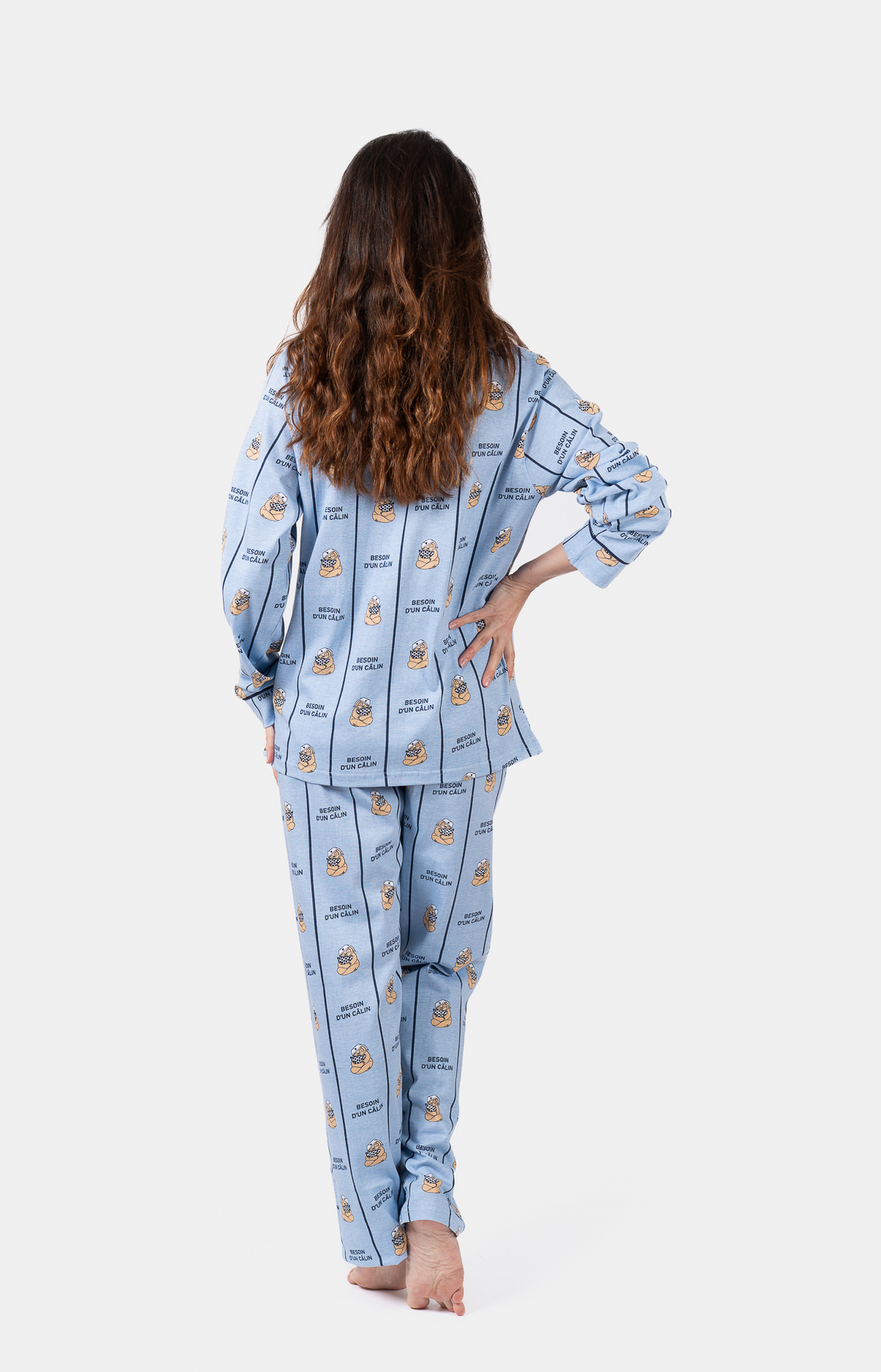Pyjama Femme long veste boutonnée 100% coton- CALIN - Taille 42, Couleur Ciel