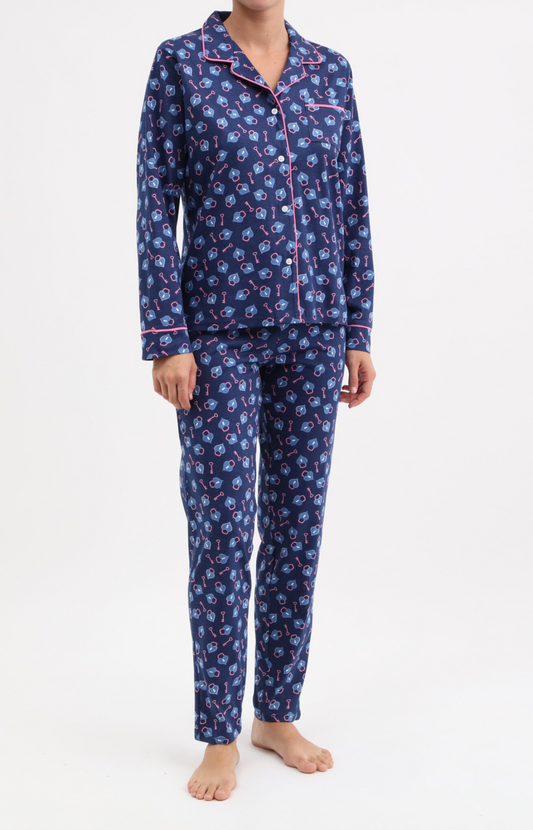 Pyjama Femme long veste boutonnée 100% coton - KEYS - Taille 36, Couleur Marine