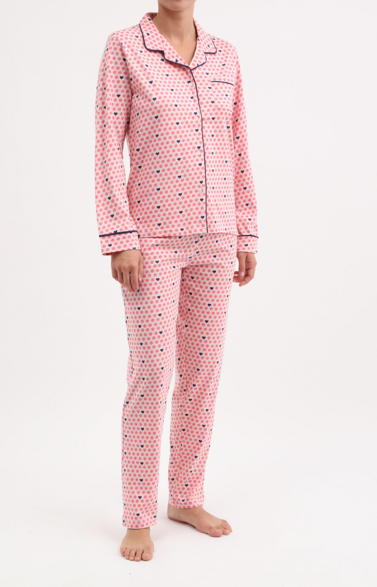 Pyjama Femme long veste boutonnée 100% coton - POIS - Taille 36, Couleur Rose