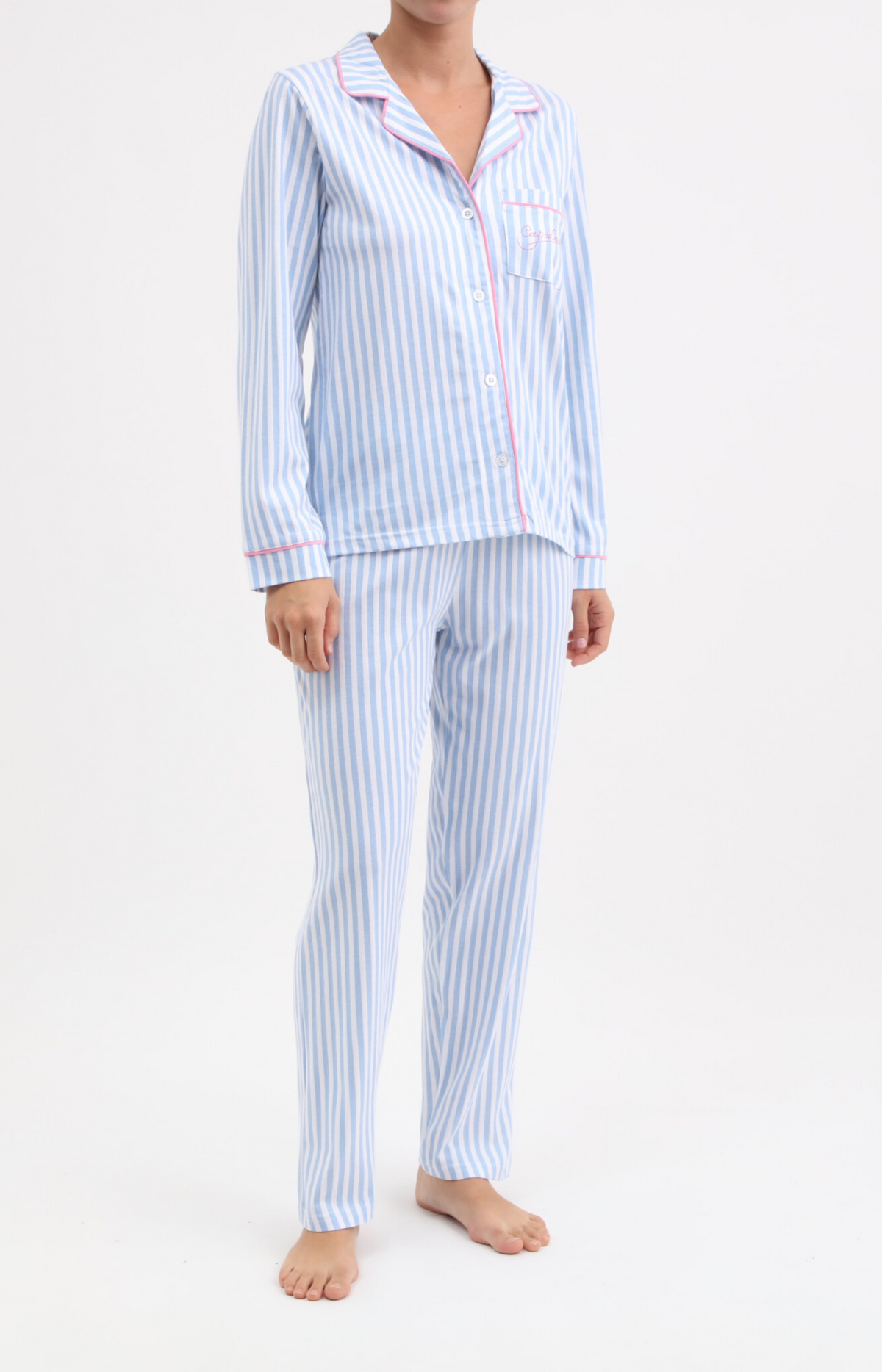 Pyjama femme long veste boutonnée 100% coton- RAYE - Taille 36, Couleur Ciel
