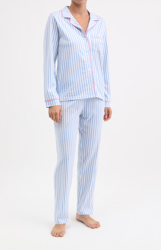 Pyjama femme long veste boutonnée 100% coton- RAYE - Taille 36, Couleur Ciel