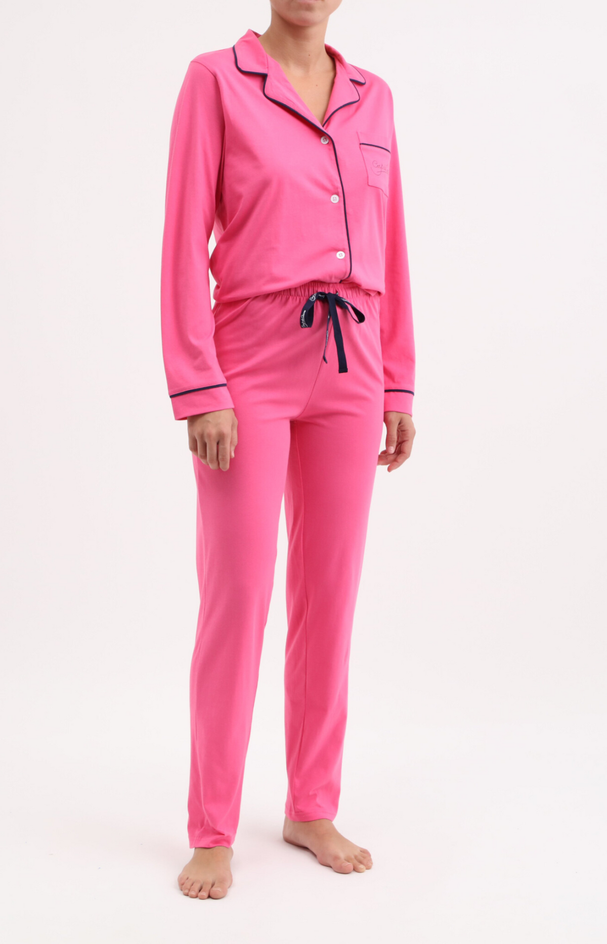 Pyjama femme long veste boutonnée 100% coton- UNI - Taille 36, Couleur Fushia
