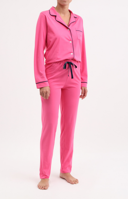 Pyjama femme long veste boutonnée 100% coton- UNI - Taille 36, Couleur Fushia