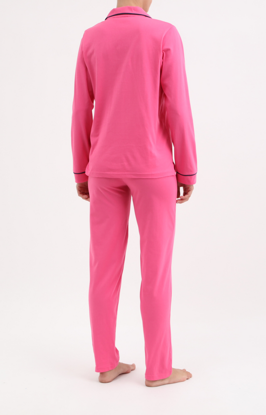 Pyjama femme long veste boutonnée 100% coton- UNI - Taille 38, Couleur Fushia