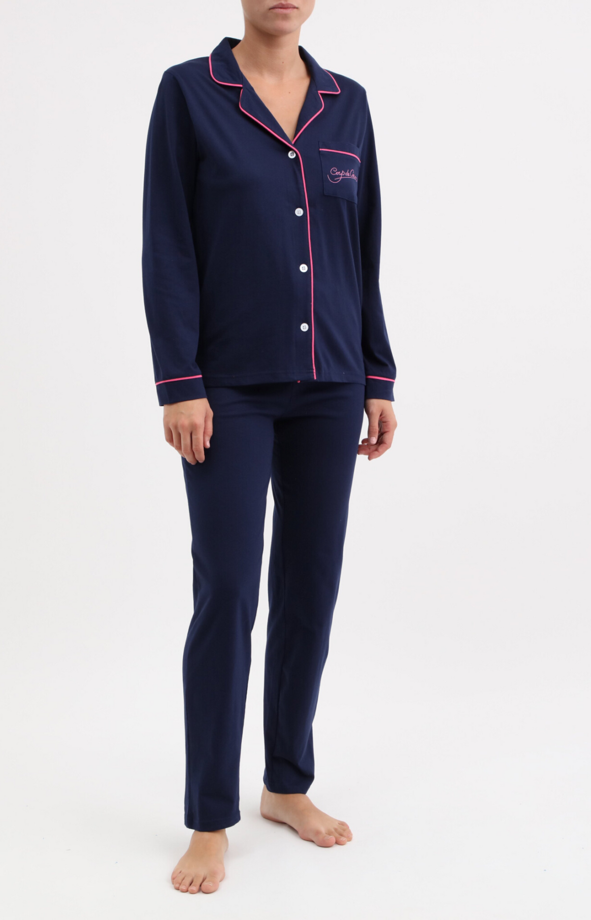 Pyjama femme long veste boutonnée 100% coton- UNI - Taille 36, Couleur Marine
