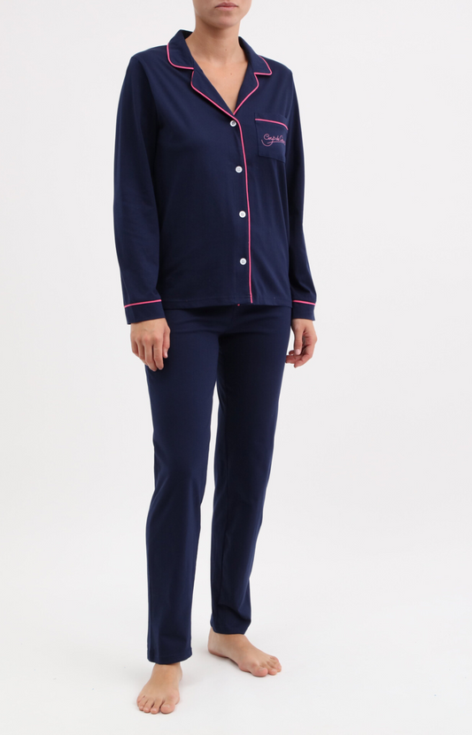 Pyjama femme long veste boutonnée 100% coton- UNI - Taille 36, Couleur Marine